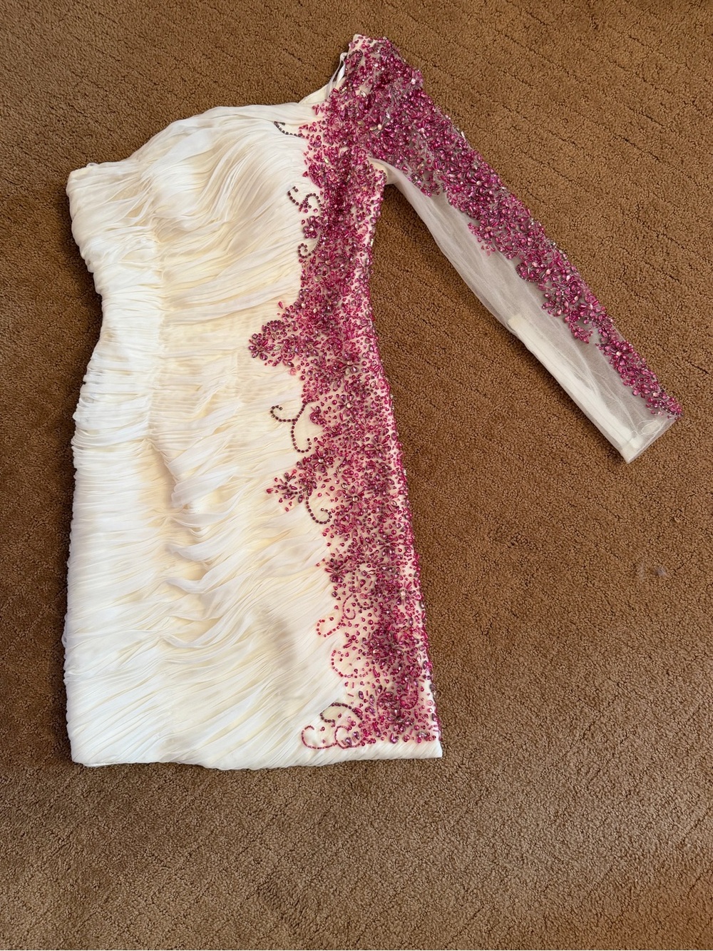 Mac Duggal One-Shoulder Ivory Mini Dress with Pink Sequin Embellishment